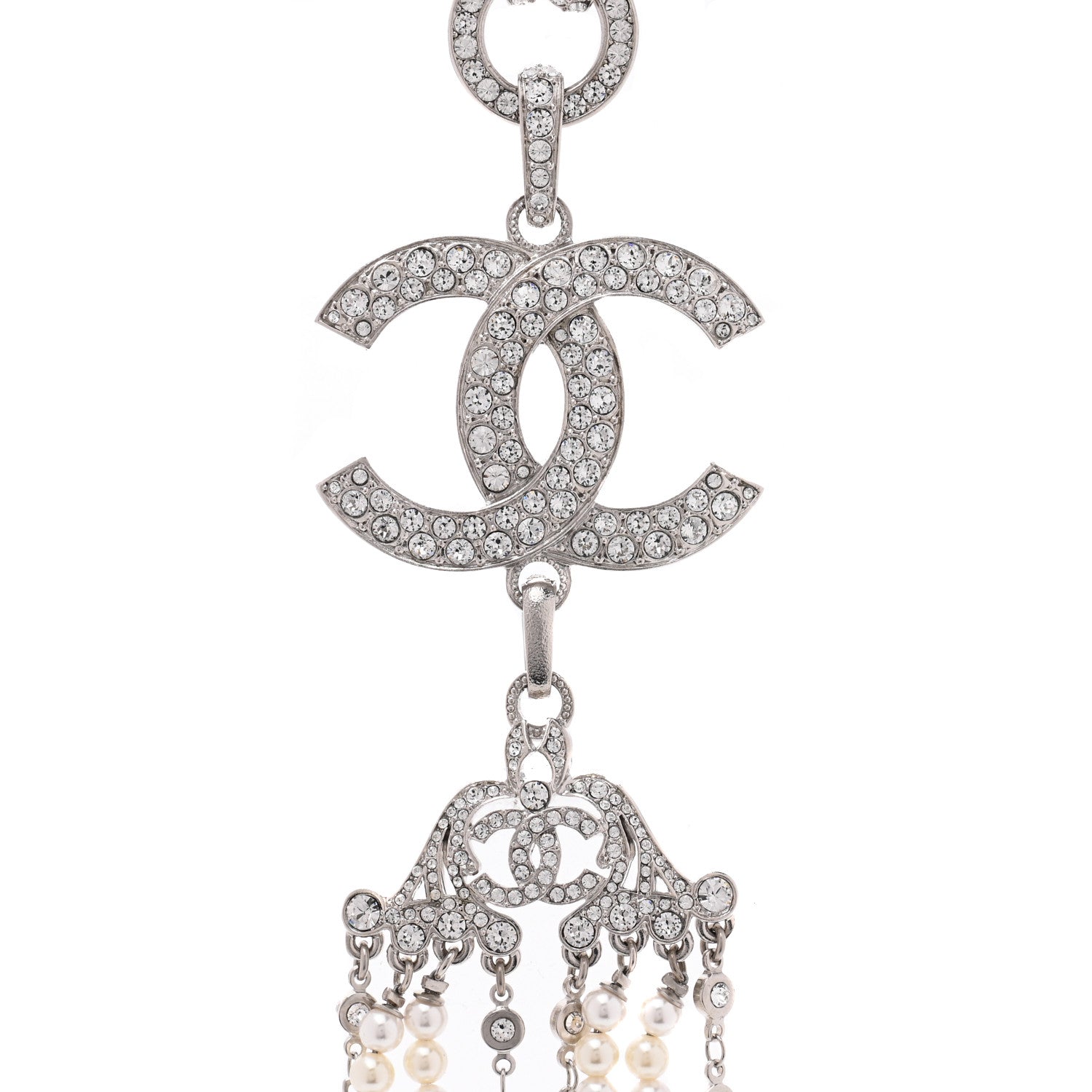 Chanel Crystal Pearl CC Drop Necklace Silver 4 of 7