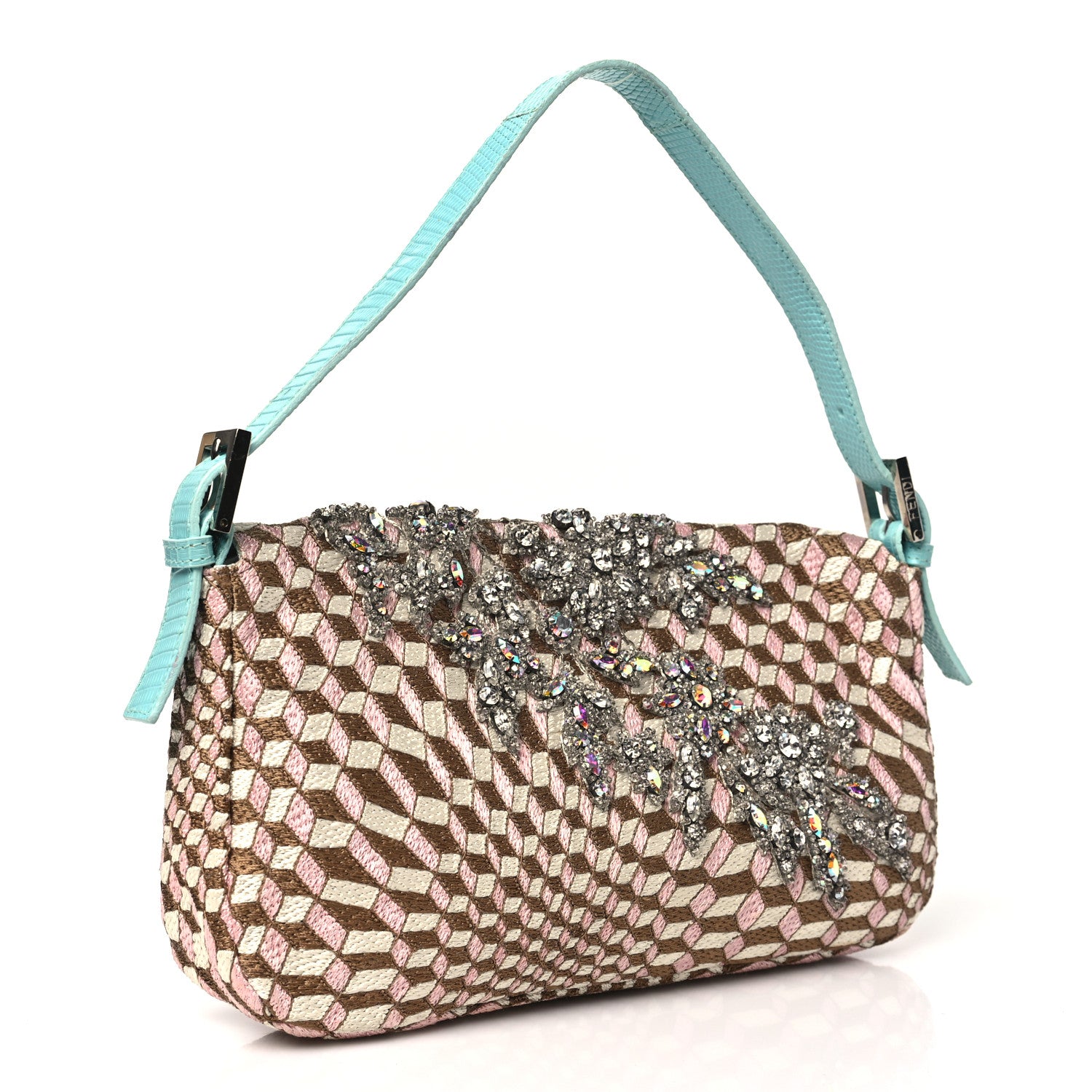 Fendi Fabric Lizard Crystal Embroidered Baguette Celeste 3 of 12