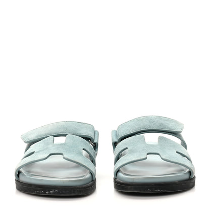 Hermes Suede Goatskin Womens Chypre Sandals 37.5 Vert d'eau 3 of 11