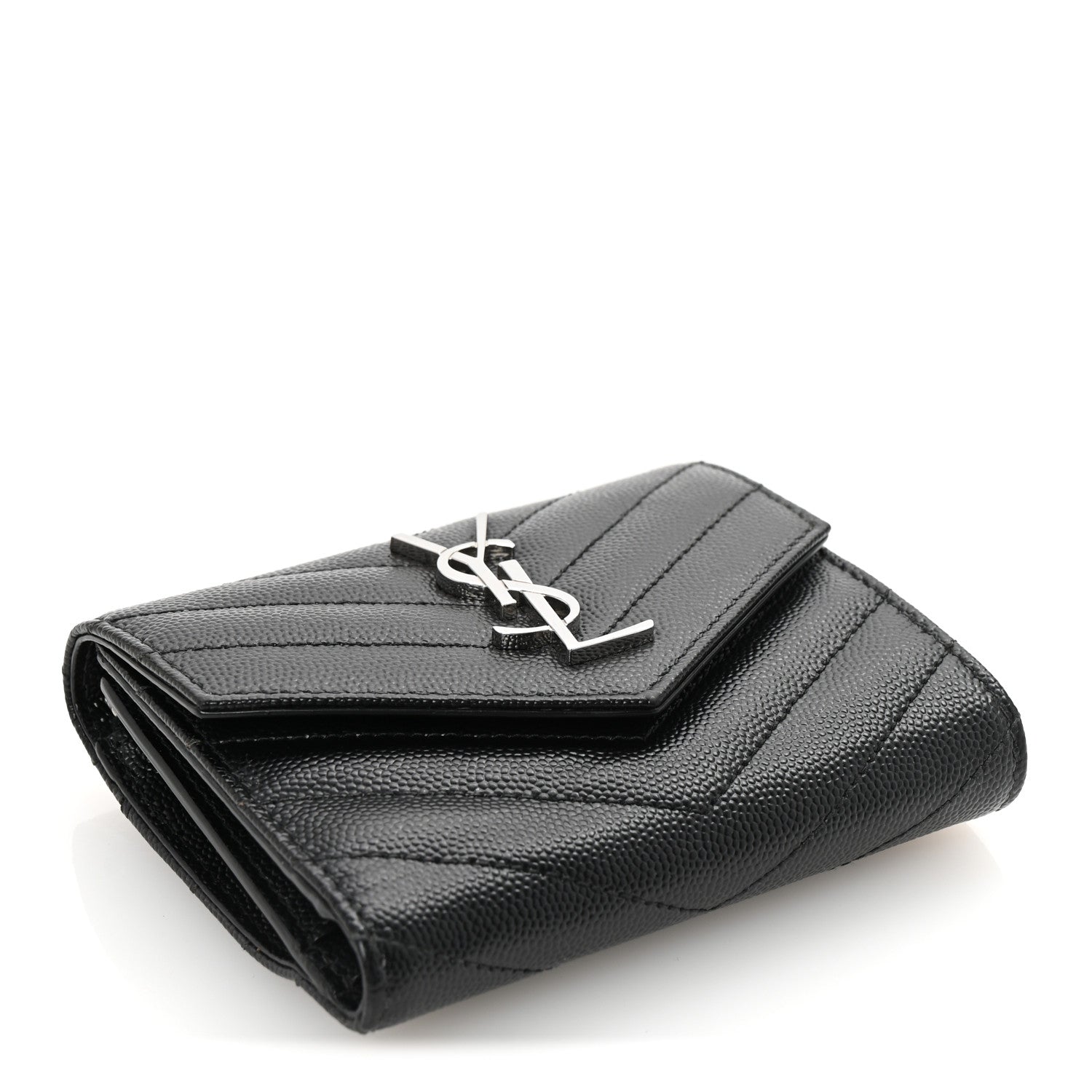 Saint Laurent Grain De Poudre Matelasse Chevron Monogram Compact Tri Fold Wallet Black 4 of 7