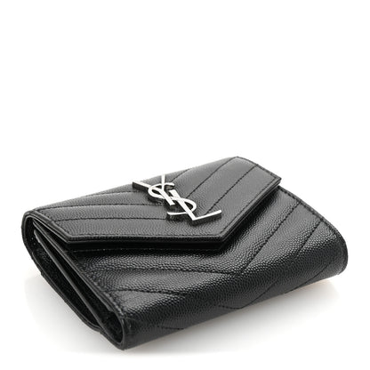 Saint Laurent Grain De Poudre Matelasse Chevron Monogram Compact Tri Fold Wallet Black 4 of 7