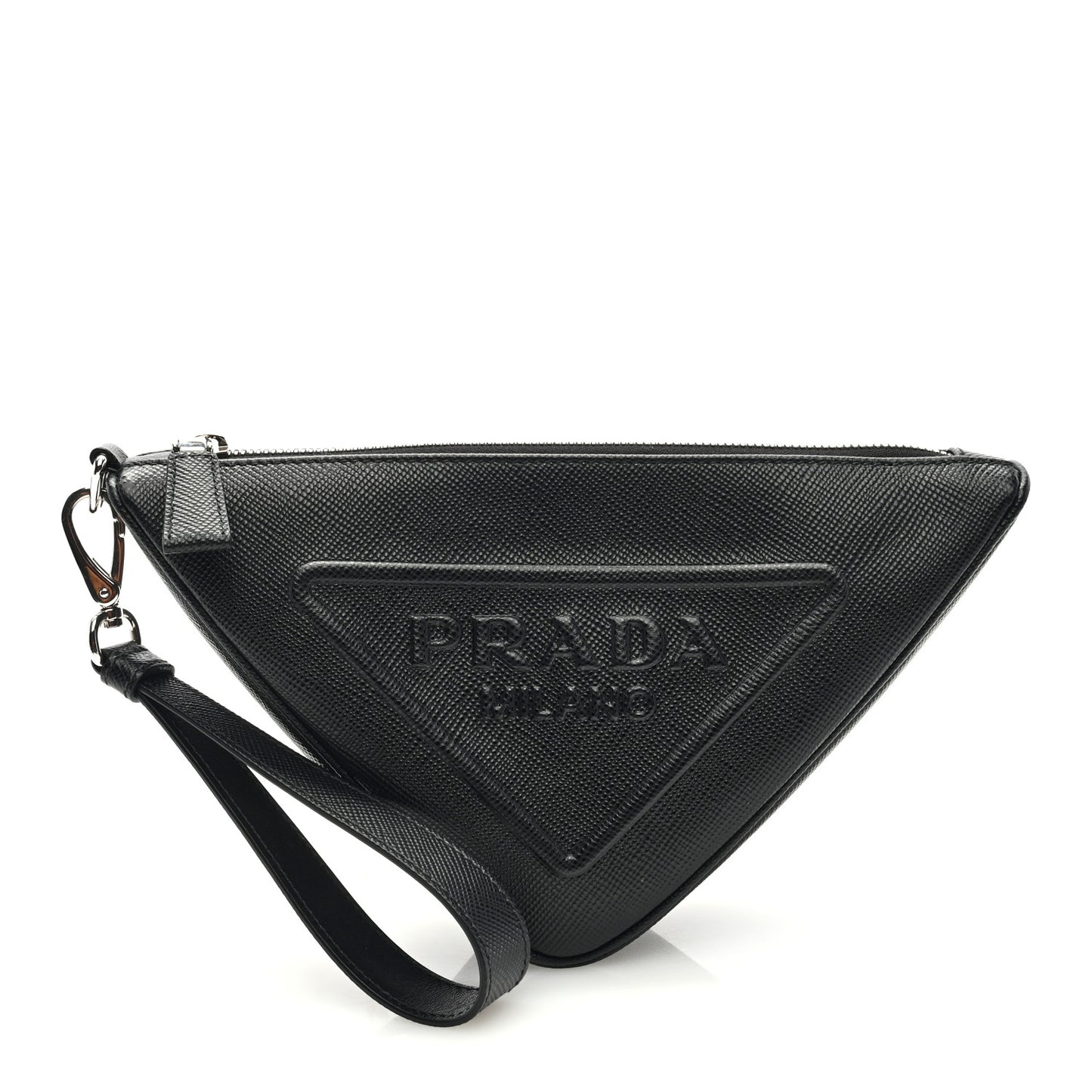 Saffiano Cuir Triangle Logo Embossed Triangle Wristlet Black