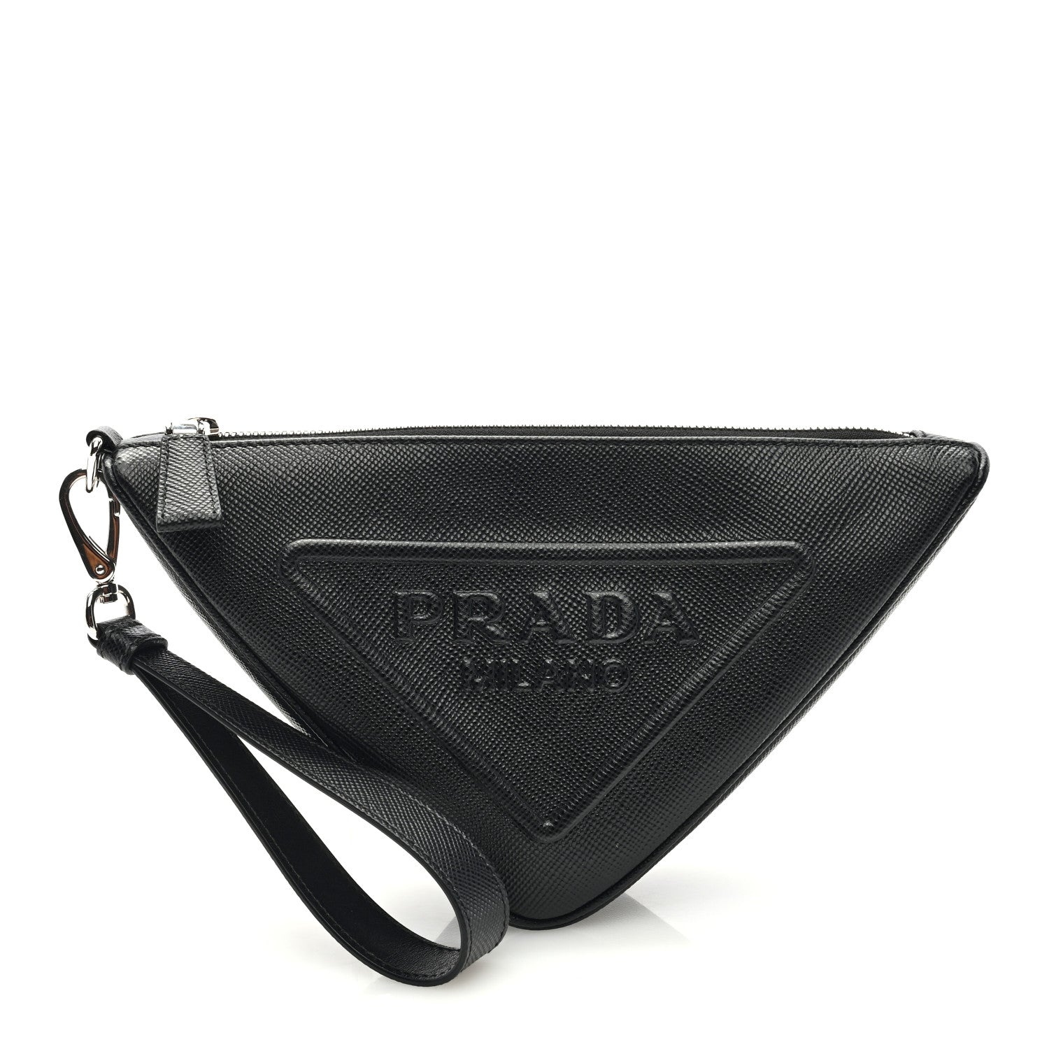 Prada Saffiano Cuir Triangle Logo Embossed Triangle Wristlet Black 1 of 8