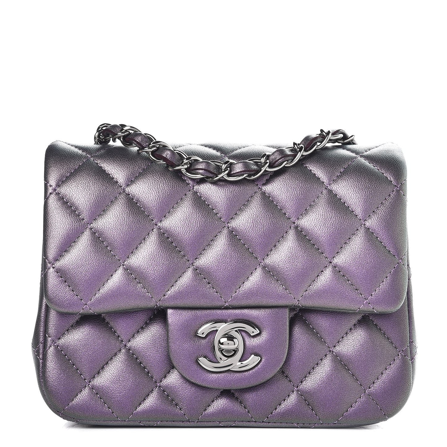 Iridescent Lambskin Quilted Mini Square Flap Dark Purple