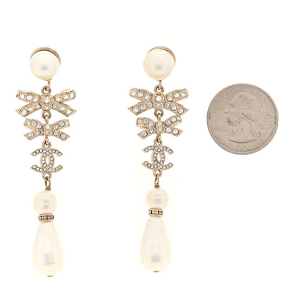 Chanel Crystal Pearl Bow CC Drop Earrings Light Gold 2 of 4