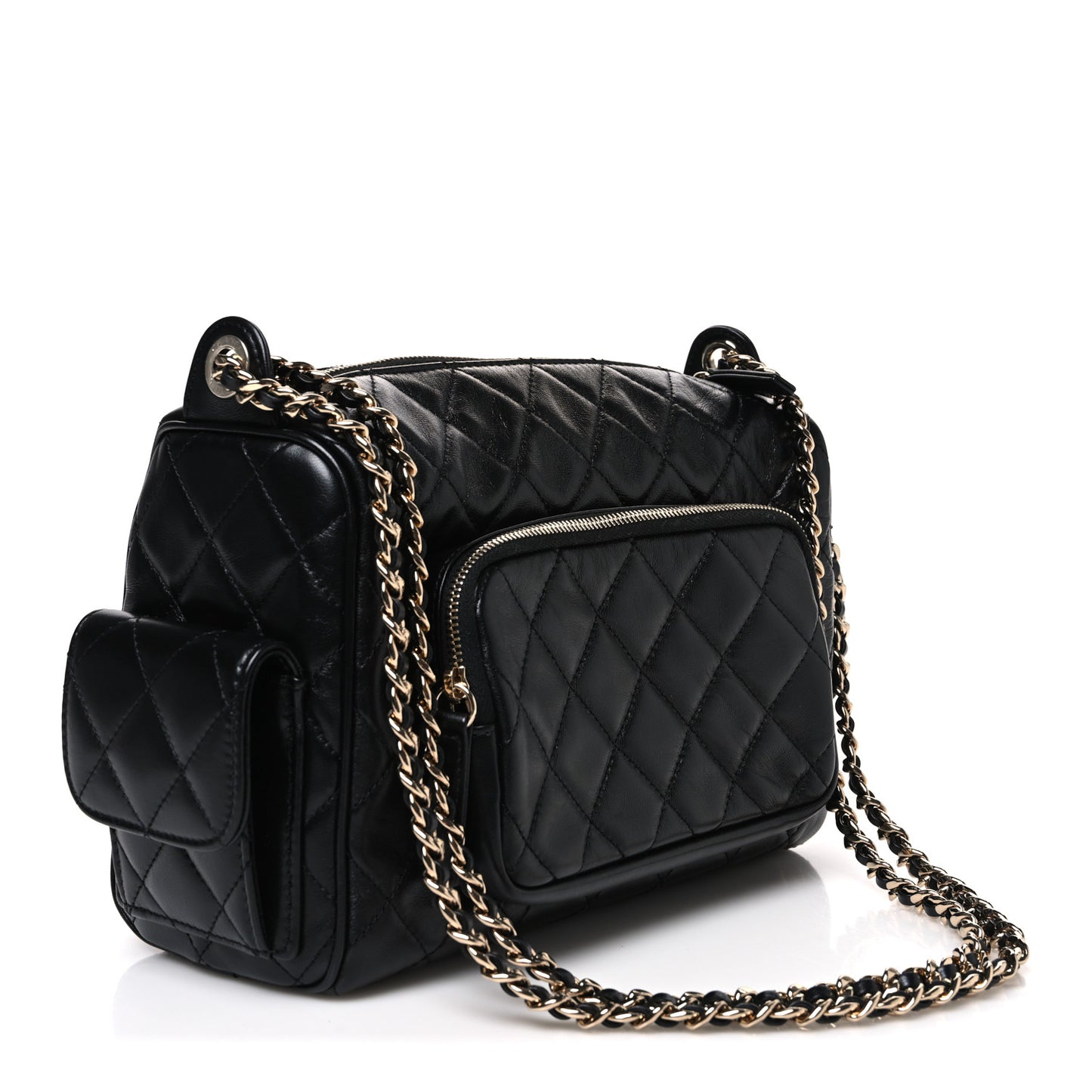 Shiny Crumpled Lambskin Quilted Medium Preppy Pocket Camera Case Black