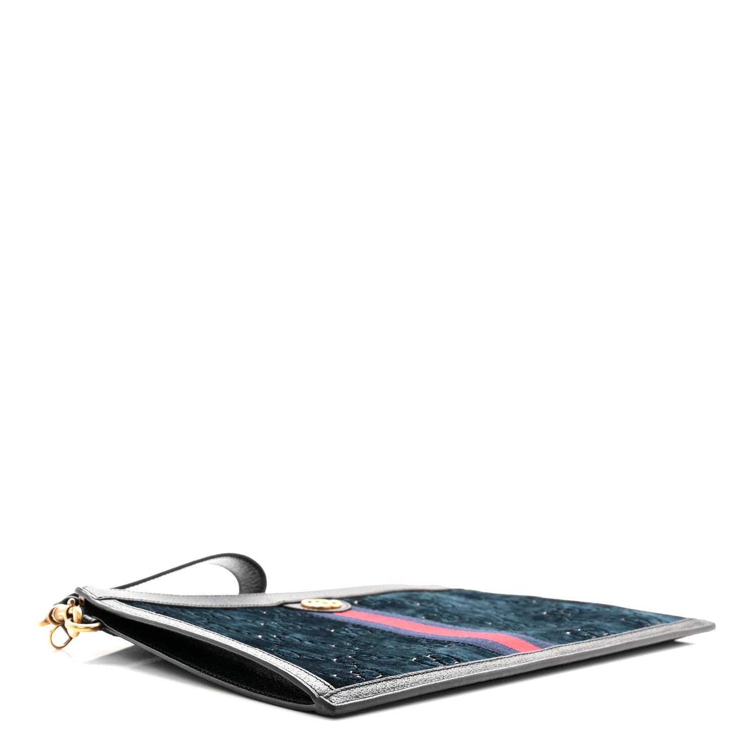 Gucci Velvet GG Monogram Textured Calfskin Web Ophidia Wristlet Blue Beige Black 4 of 10