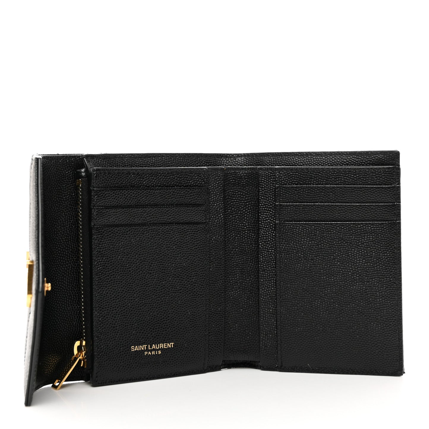 SAINT LAURENT Grain De Poudre Matelasse Chevron Monogram Compact Tri Fold Wallet Black