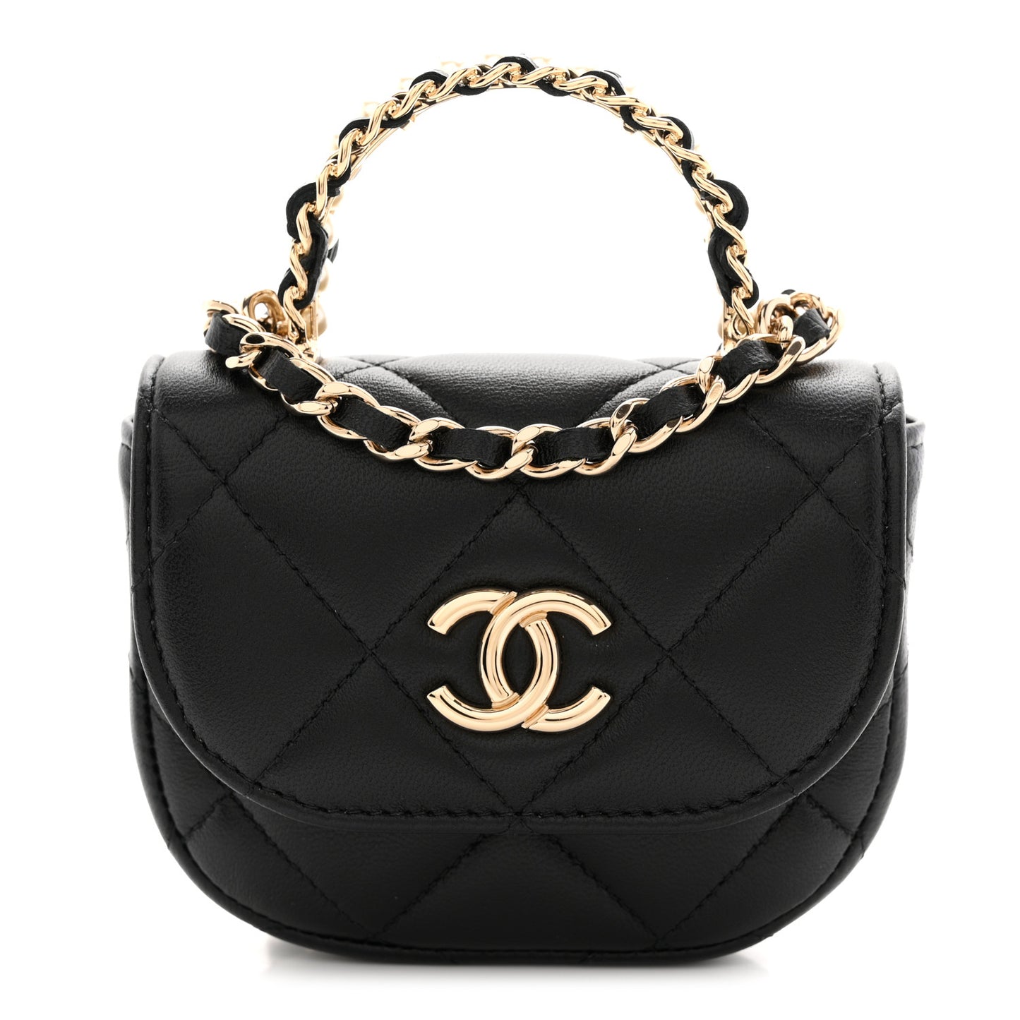 Lambskin Quilted Pearl Top Handle Clutch With Chain Black