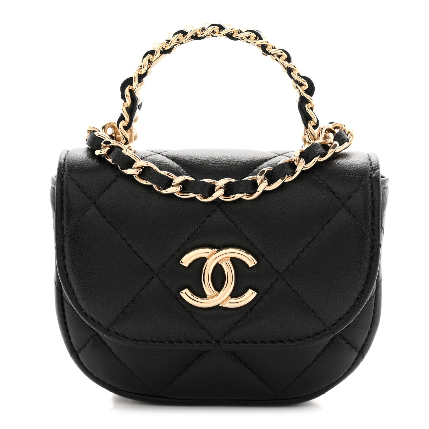 Chanel Lambskin Quilted Pearl Top Handle Clutch With Chain Black 1 of 11