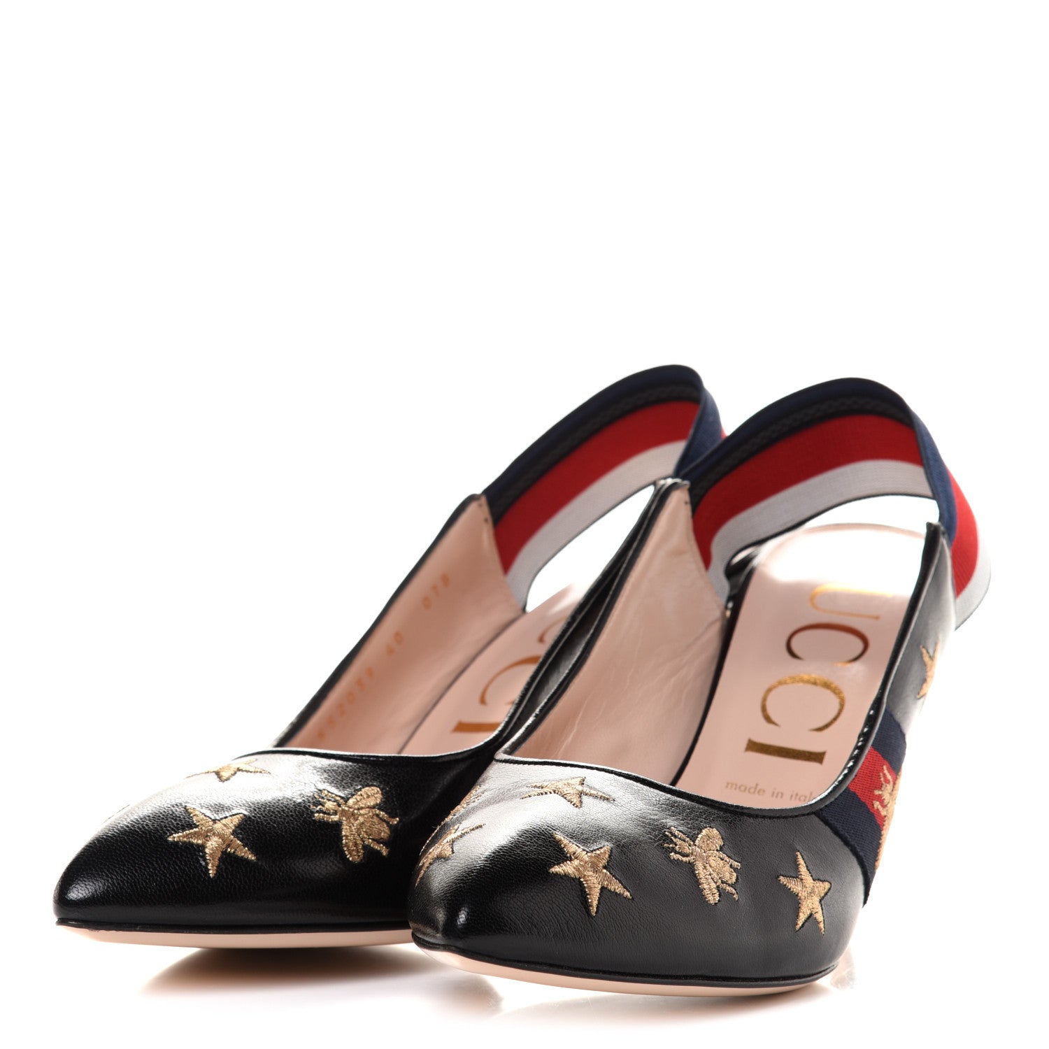 Gucci Malaga Kid Web Bee Star Embroidered Sylvie Mid Heel Slingback Pumps 40 Black 3 of 9