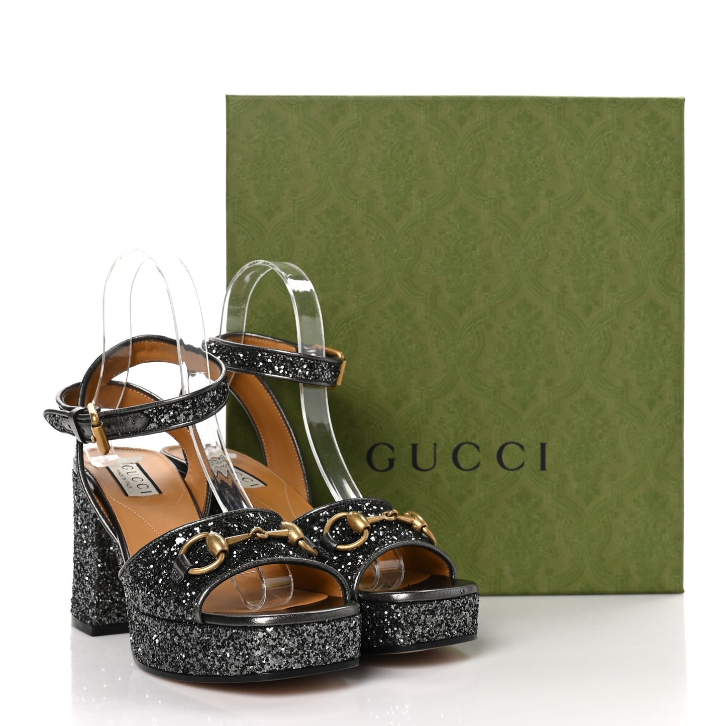 Glitter Nappa Silk Lady Horsebit 60mm Platform Sandals 37 Light Grey Anthracite