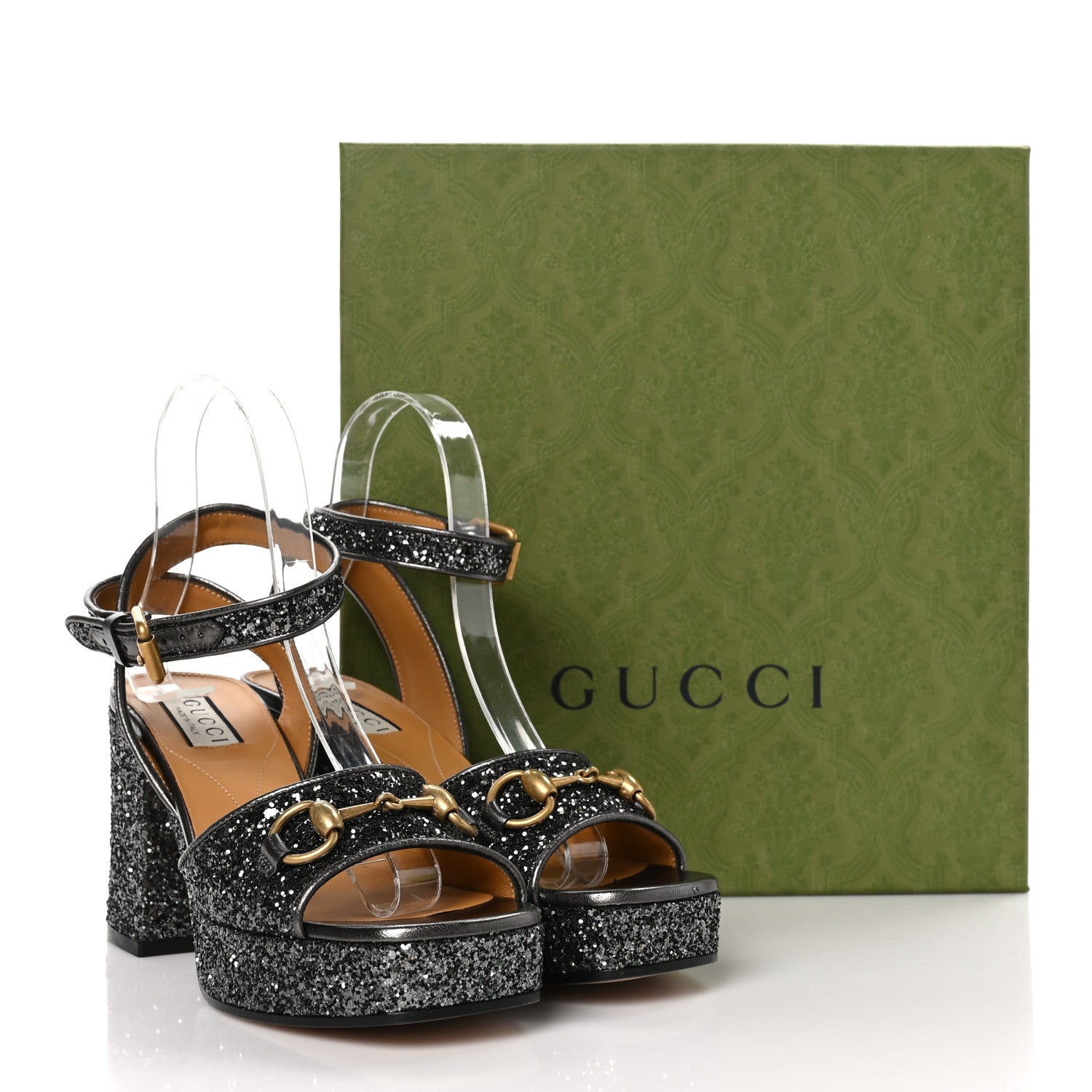 Gucci Glitter Nappa Silk Lady Horsebit 60mm Platform Sandals 37 Light Grey Anthracite 9 of 9