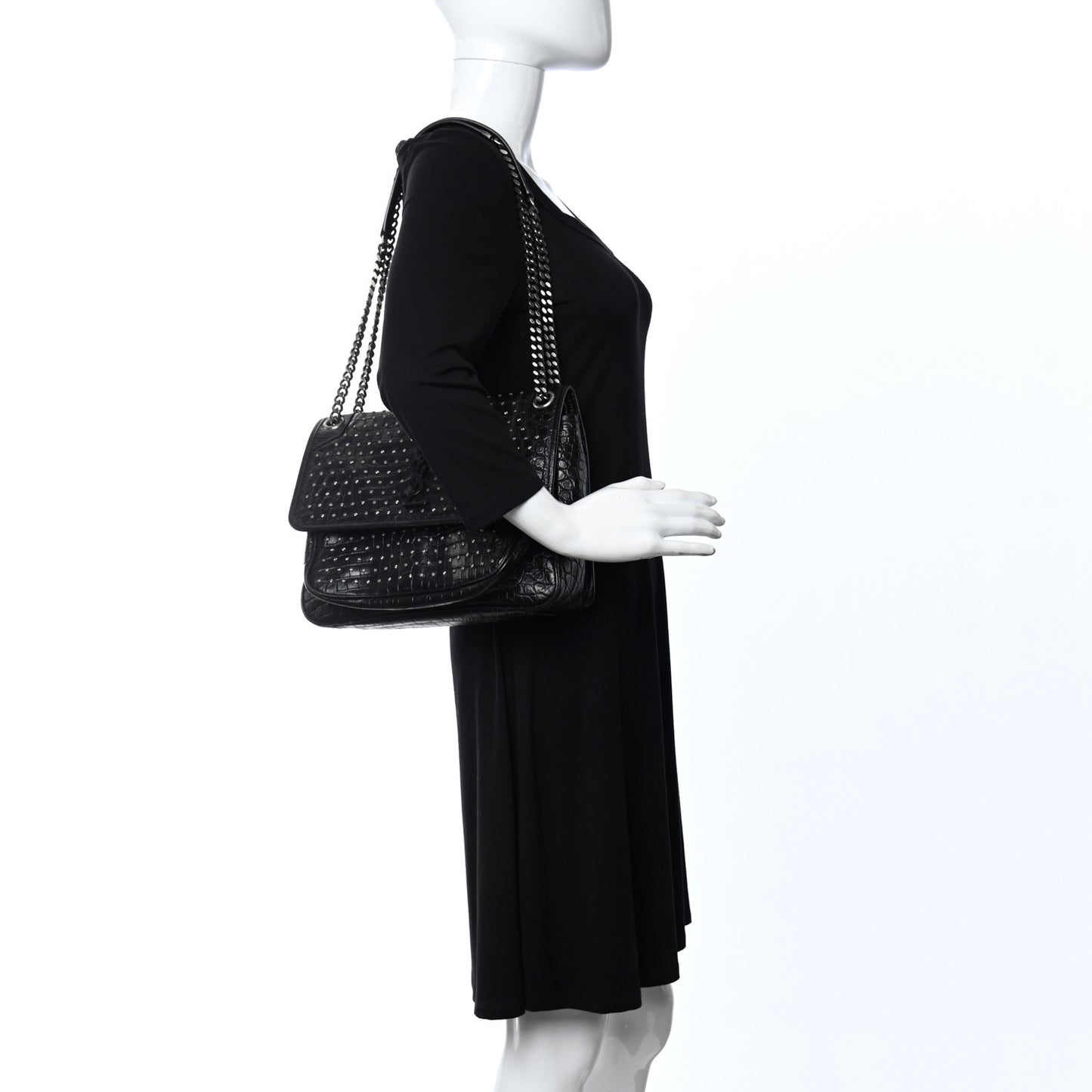 Calfskin Matelasse Monogram Studded Medium Niki Chain Satchel Black