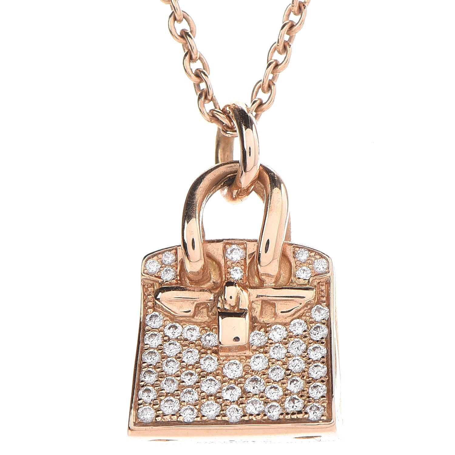 Hermes 18K Rose Gold Diamond Birkin Amulette Pendant Necklace 4 of 6