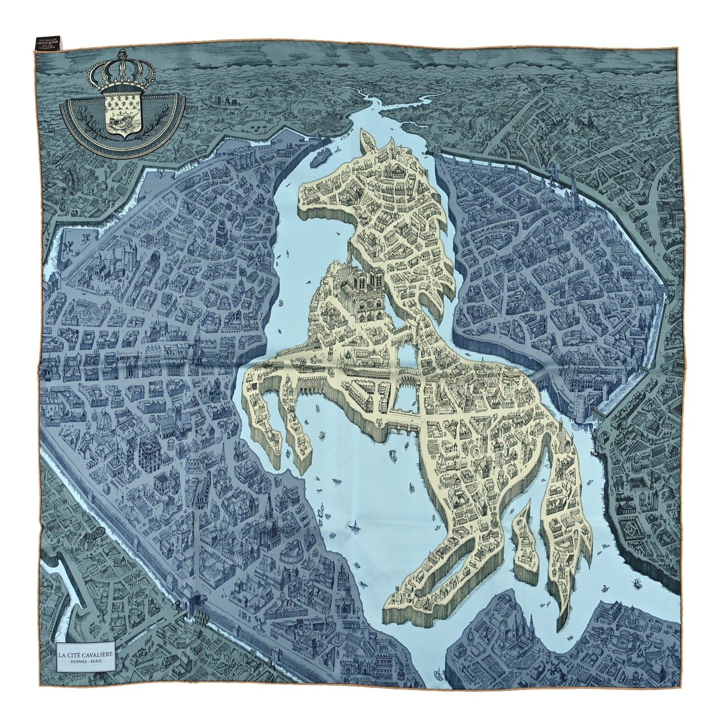 Silk Twill La Cite Cavaliere Scarf 90 Vert Argile Gris