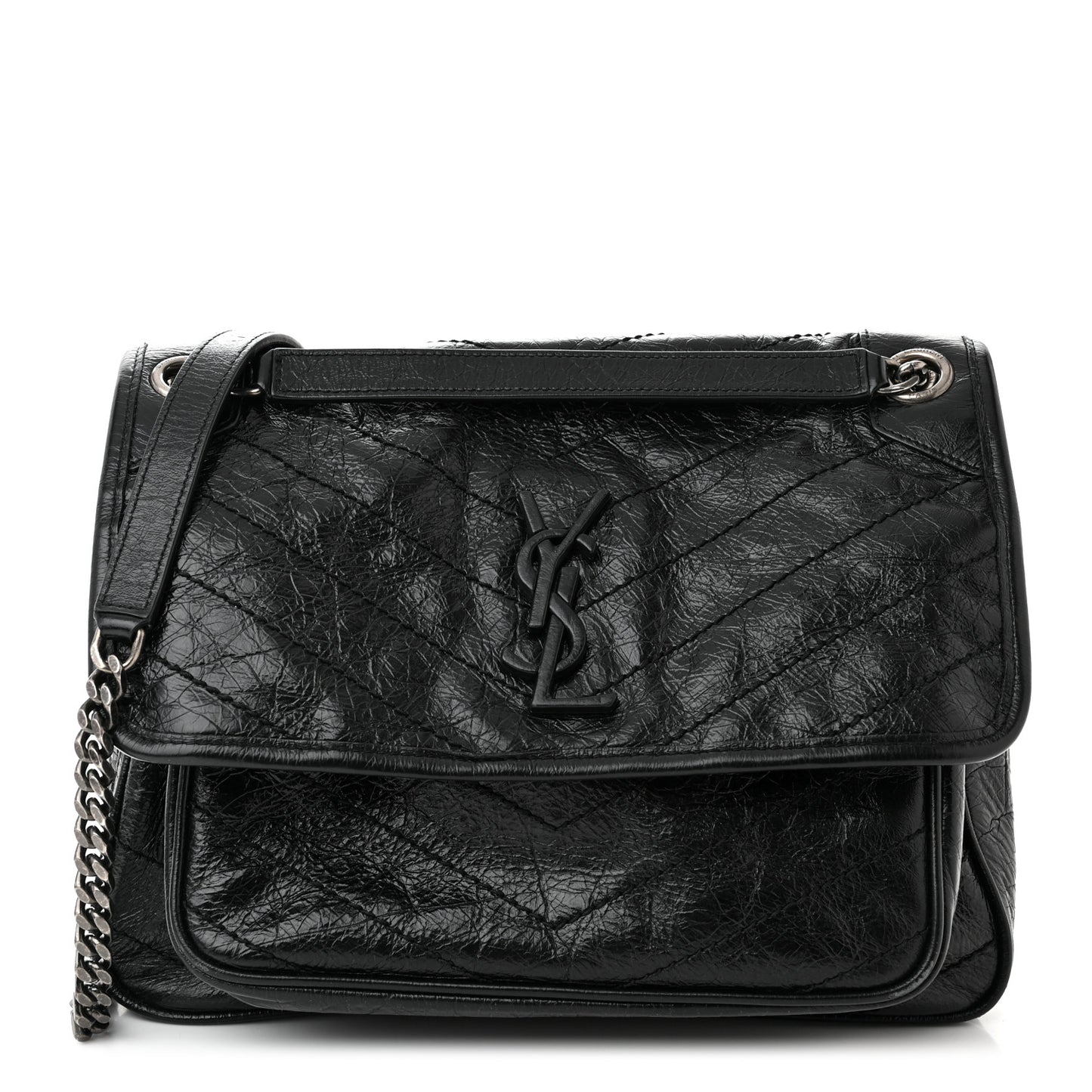 Crinkled Calfskin Matelasse Monogram Medium Niki Chain Satchel Black