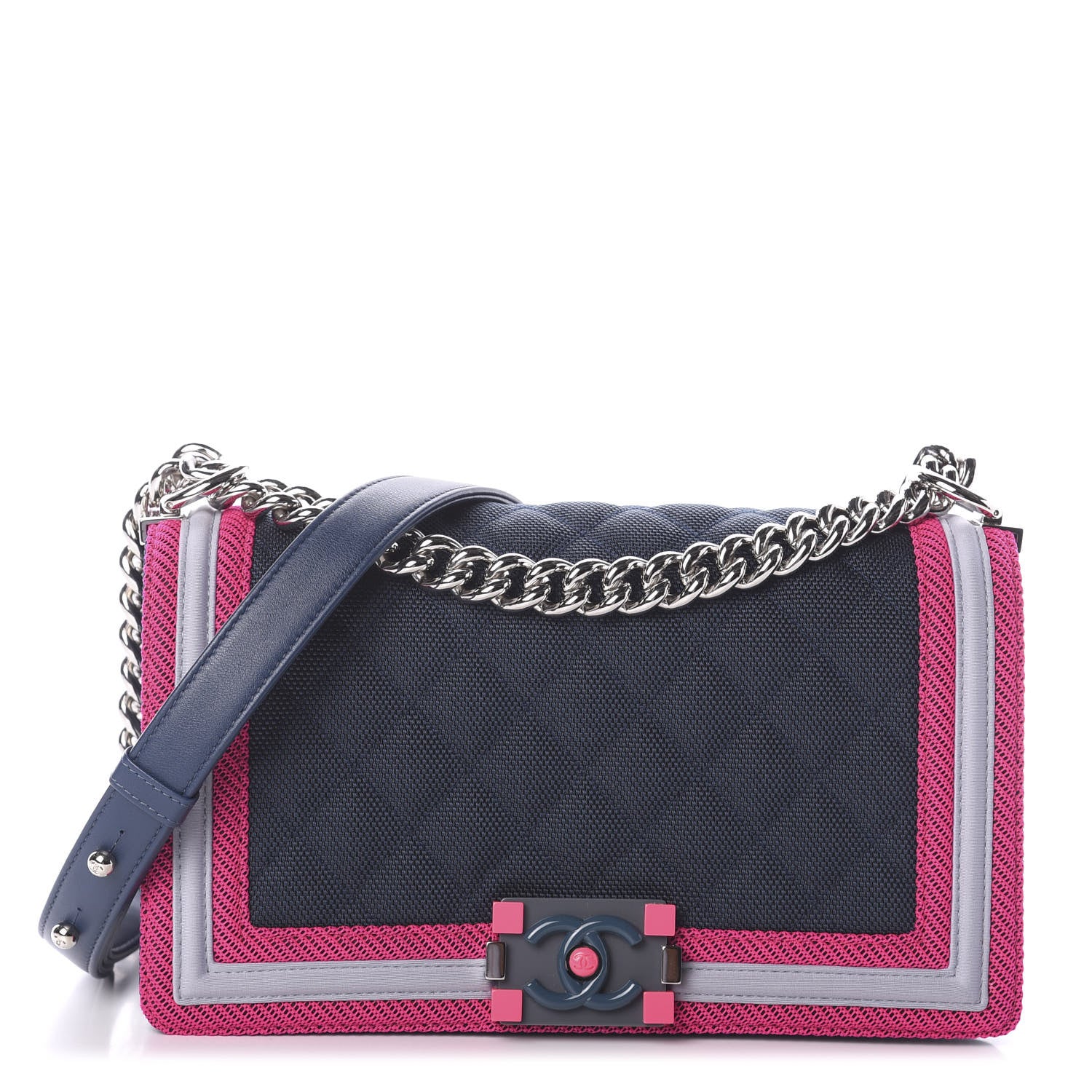 Chanel Canvas Quilted Medium Fluo Boy Flap Dark Navy Fuchsia Grey 1 of 10