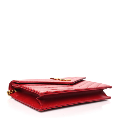 Saint Laurent Grain De Poudre Matelasse Chevron Monogram Envelope Chain Wallet New Red 4 of 11