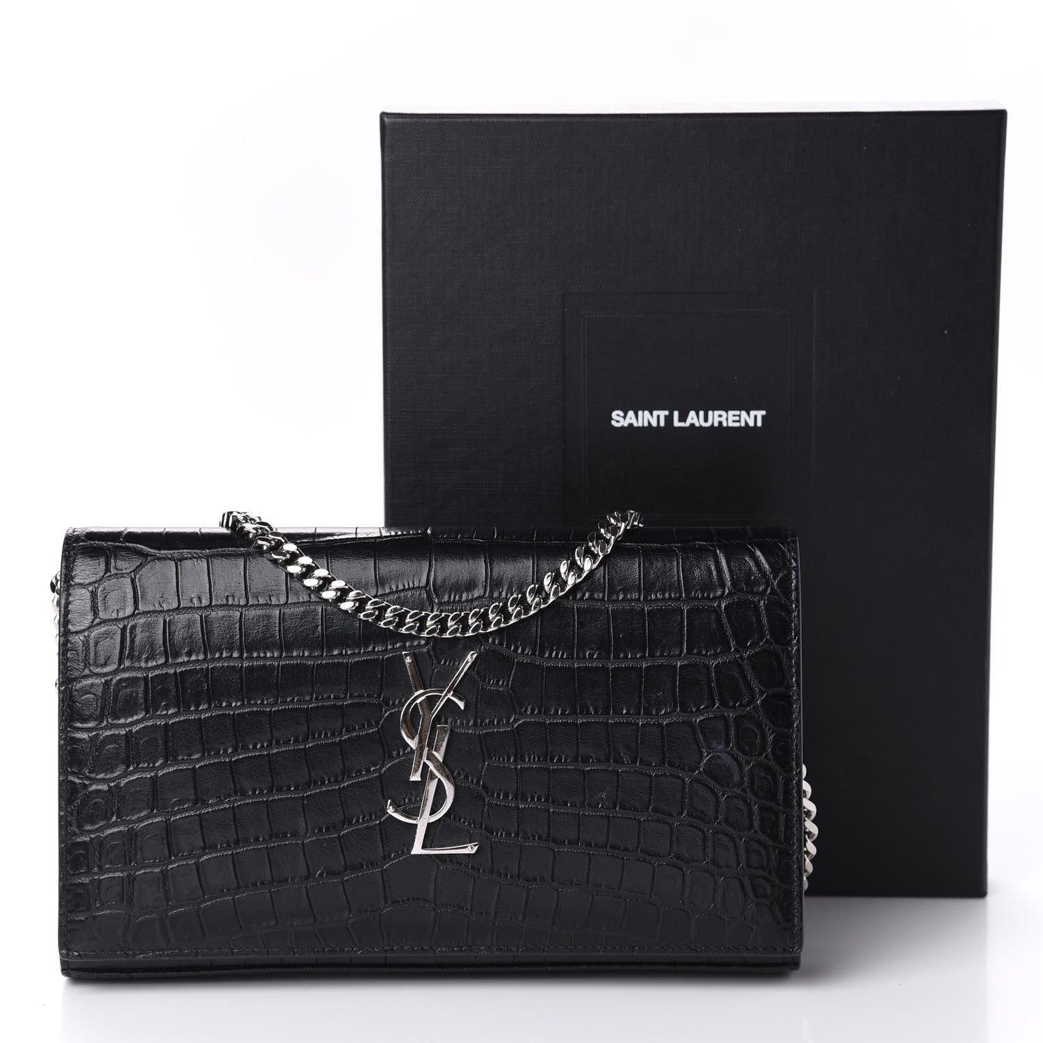 Saint Laurent Crocodile Embossed Calfskin Monogram Chain Wallet Black 10 of 10