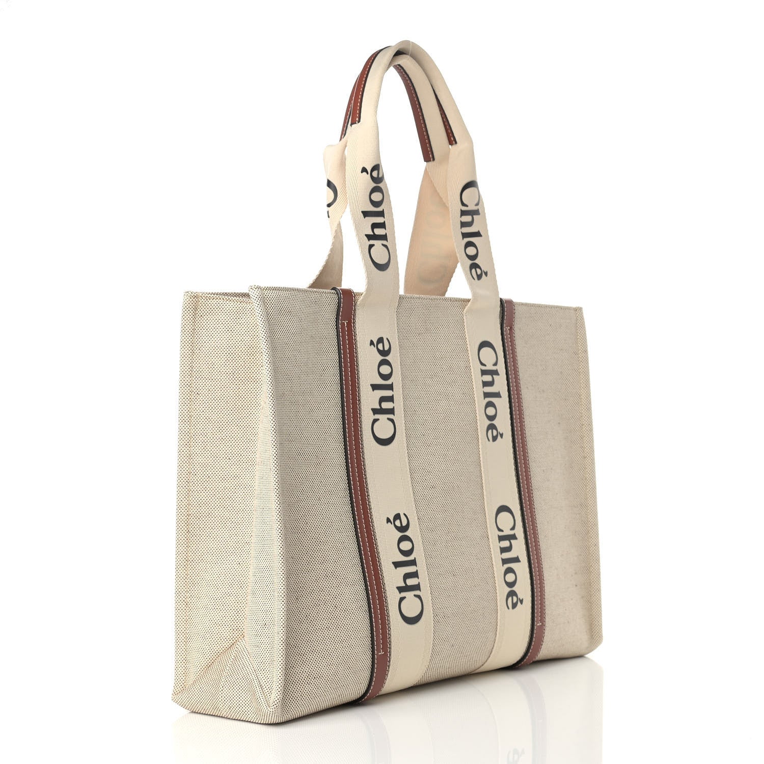 Chloe Cotton Calfskin Large Woody Ribbon Tote White Brown 3 of 9