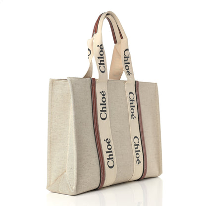 Chloe Cotton Calfskin Large Woody Ribbon Tote White Brown 3 of 9