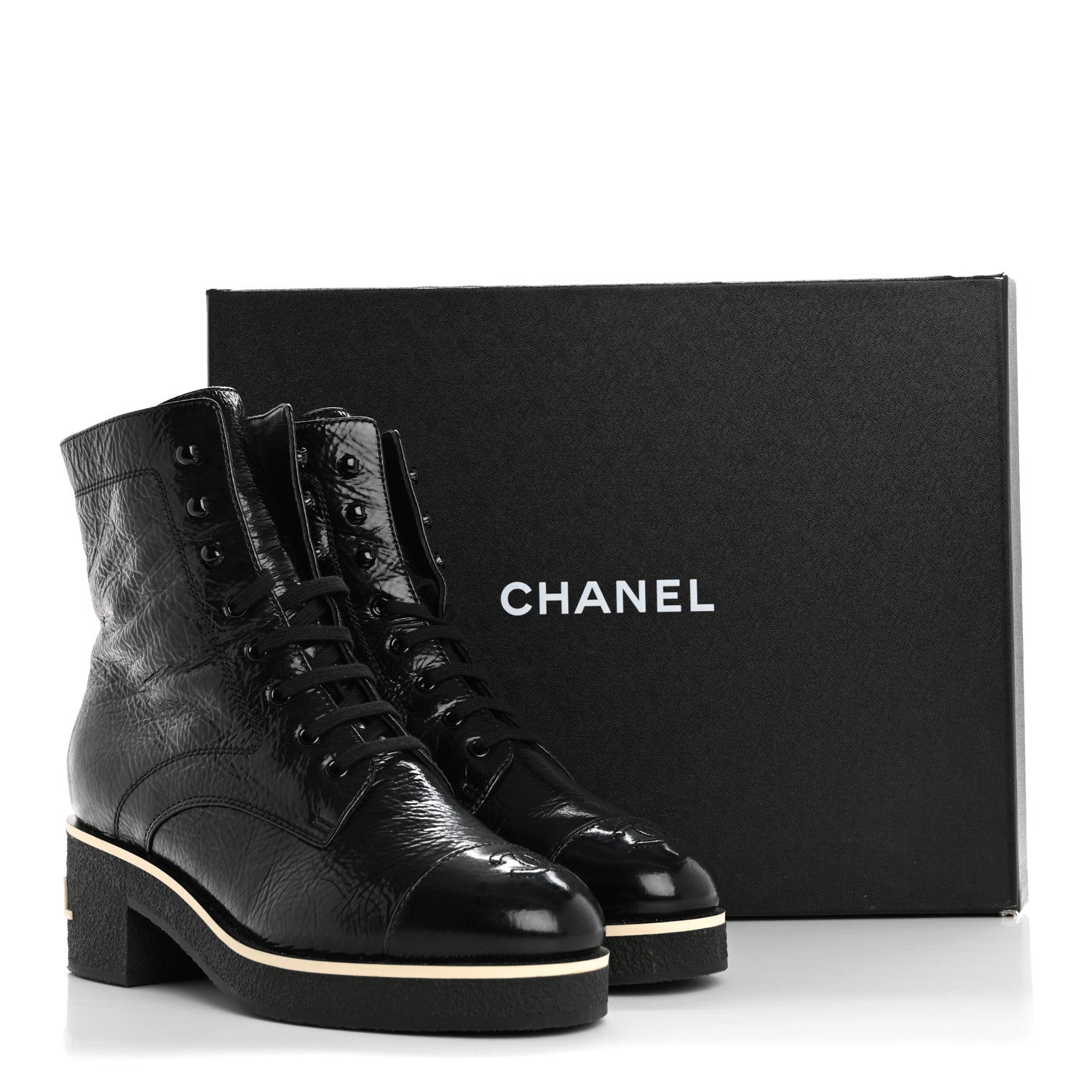 Chanel Shiny Crumpled Lambskin Lace Up Combat Boots 42 Black 10 of 10