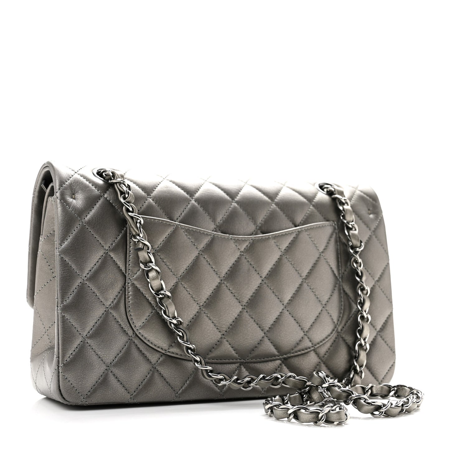 Metallic Calfskin Quilted Medium Double Flap Ruthenium