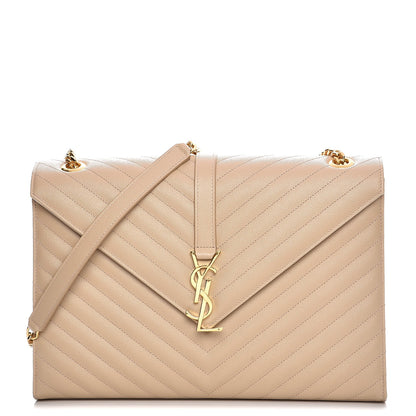Saint Laurent Grain De Poudre Matelasse Chevron Large Monogram Satchel Dark Beige 1 of 8