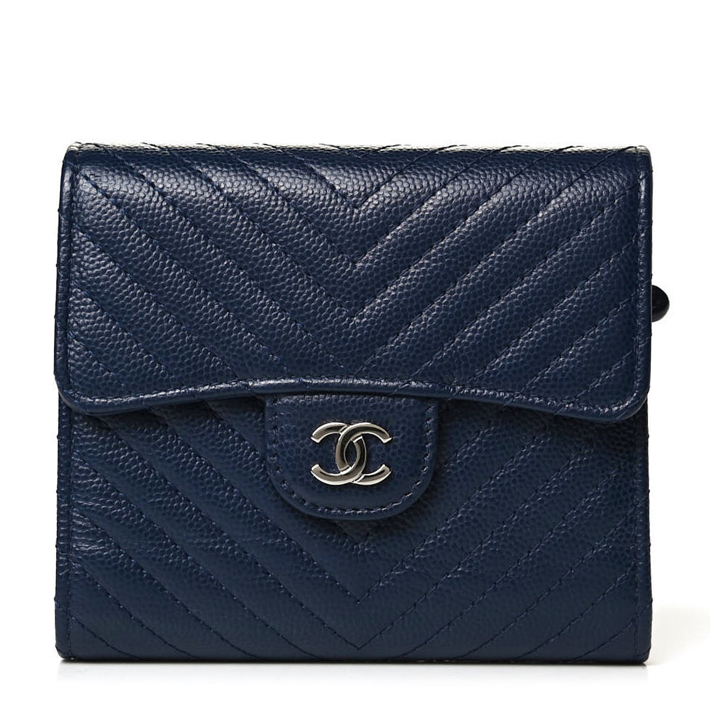 Caviar Chevron Quilted Compact Flap Wallet Navy
