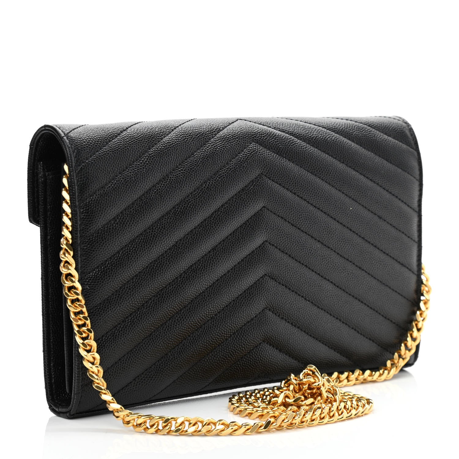 Saint Laurent Grain De Poudre Matelasse Chevron Monogram Chain Wallet Black 3 of 10