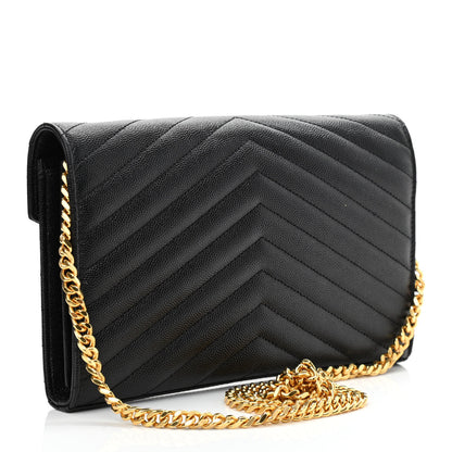 Saint Laurent Grain De Poudre Matelasse Chevron Monogram Chain Wallet Black 3 of 10