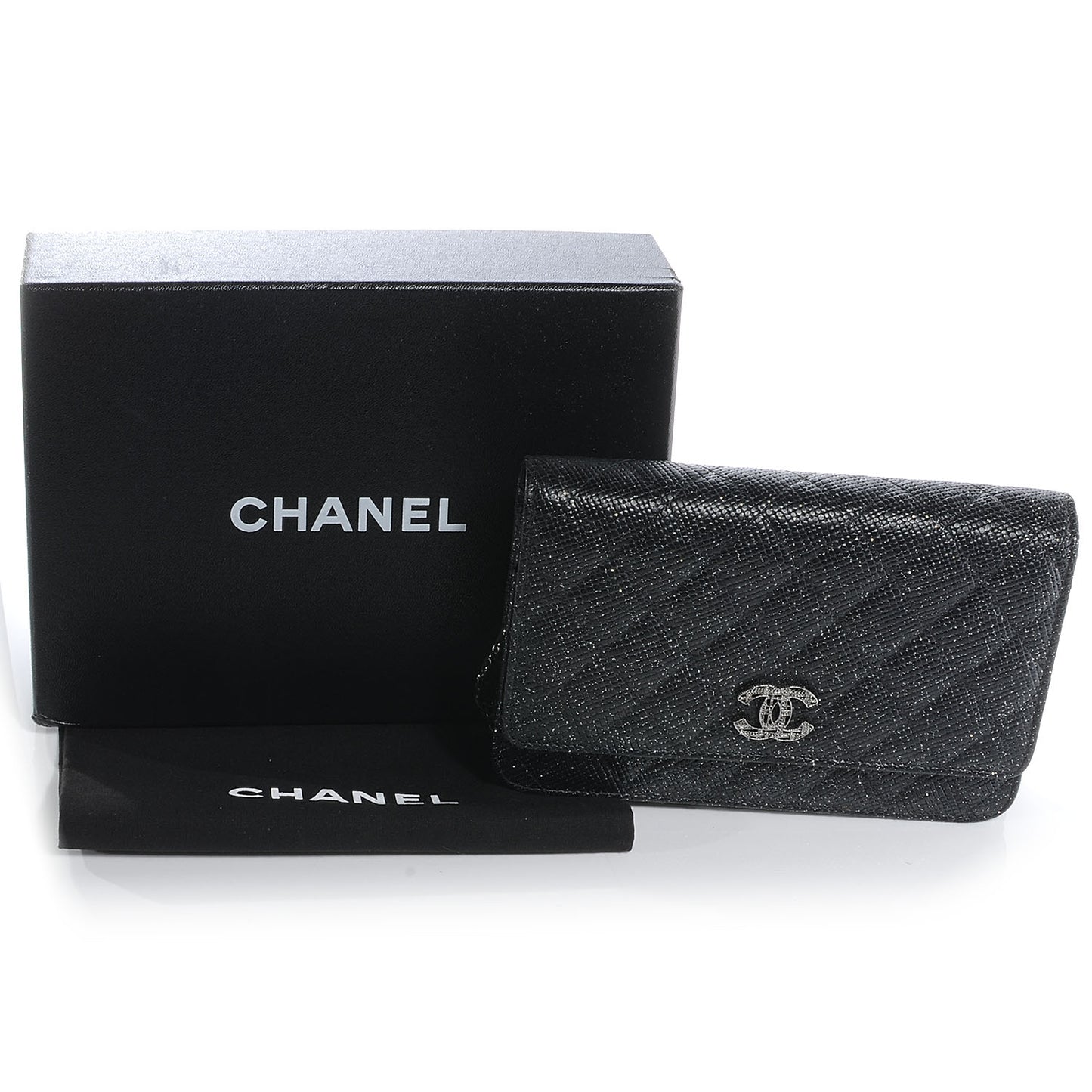 Glitter Calfskin Quilted Wallet on Chain WOC Black Silver
