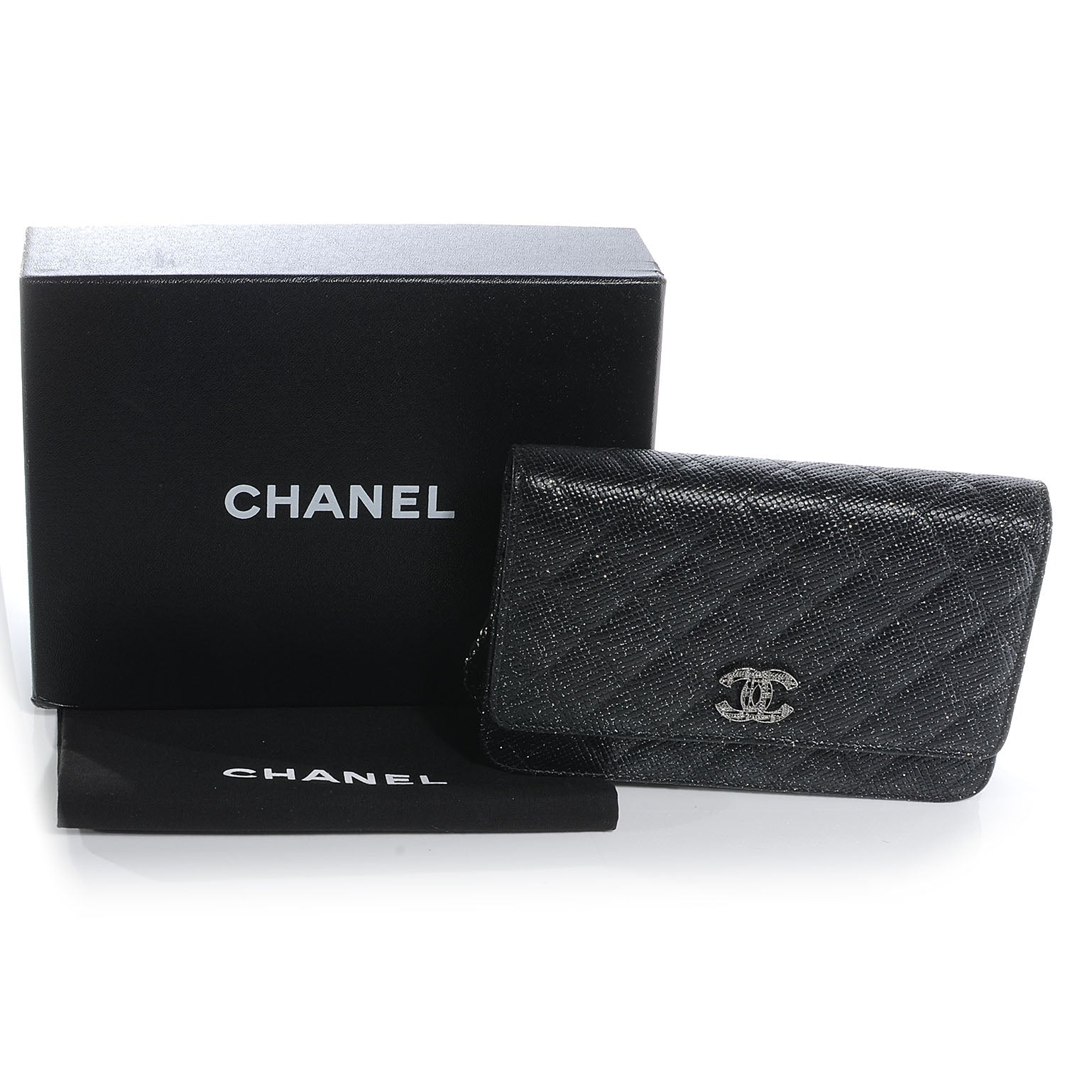 Chanel Glitter Calfskin Quilted Wallet on Chain WOC Black Silver 5 of 8