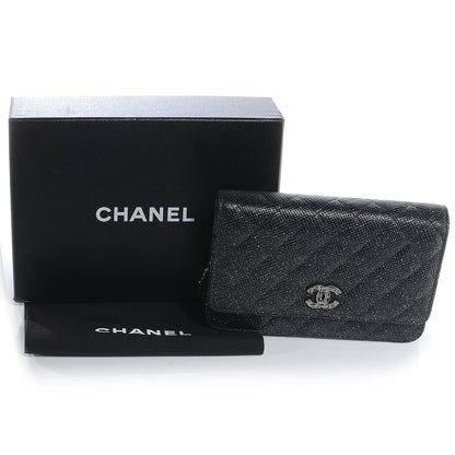 Chanel Glitter Calfskin Quilted Wallet on Chain WOC Black Silver 5 of 8