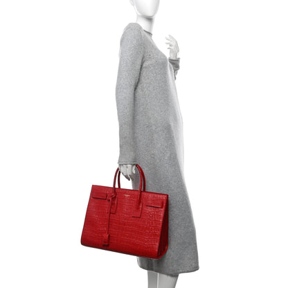 Saint Laurent Calfskin Crocodile Embossed Large Sac De Jour Carryall Lipstick Red 2 of 10