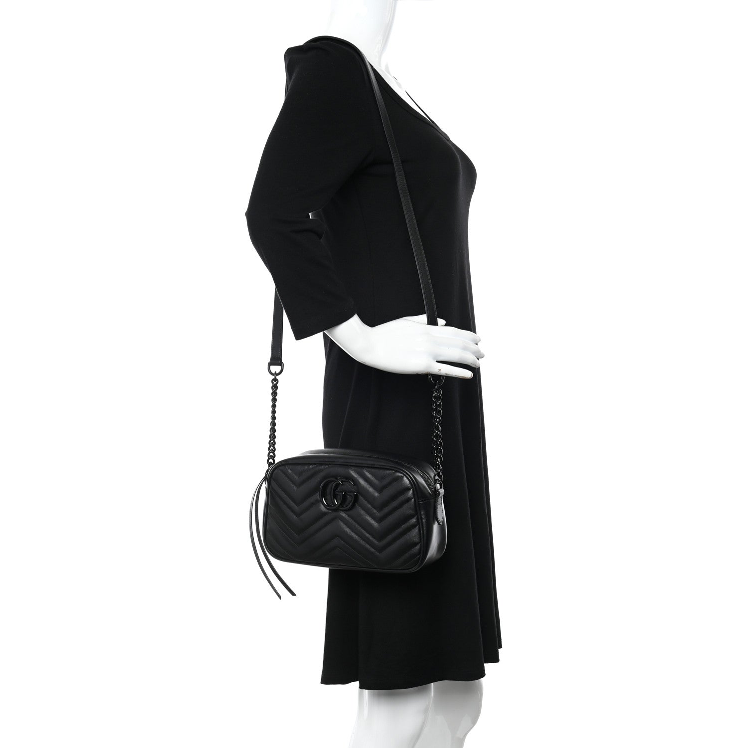 Gucci Calfskin Matelasse Monochrome Small GG Marmont Chain Shoulder Bag Black 2 of 10