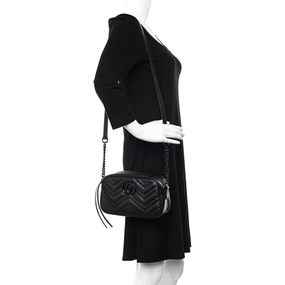 Gucci Calfskin Matelasse Monochrome Small GG Marmont Chain Shoulder Bag Black 2 of 10