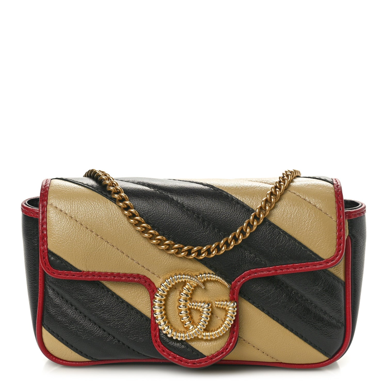 Gucci Vintage Effect Calfskin Matelasse Diagonal Striped Super Mini Torchon GG Marmont Shoulder Bag Black Beige 1 of 10
