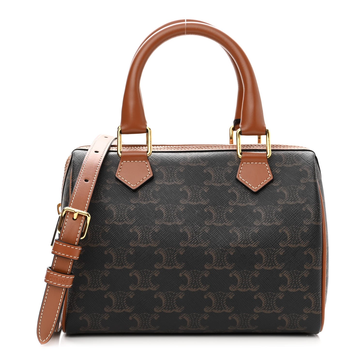 Celine Triomphe Canvas Calfskin Small Boston Bag Tan 1 of 9