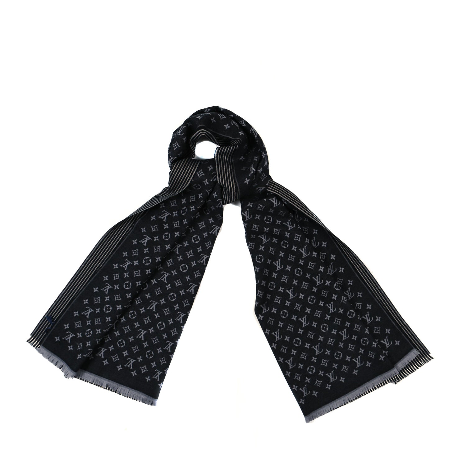 Wool Silk Monogram Lines Scarf Black Gris