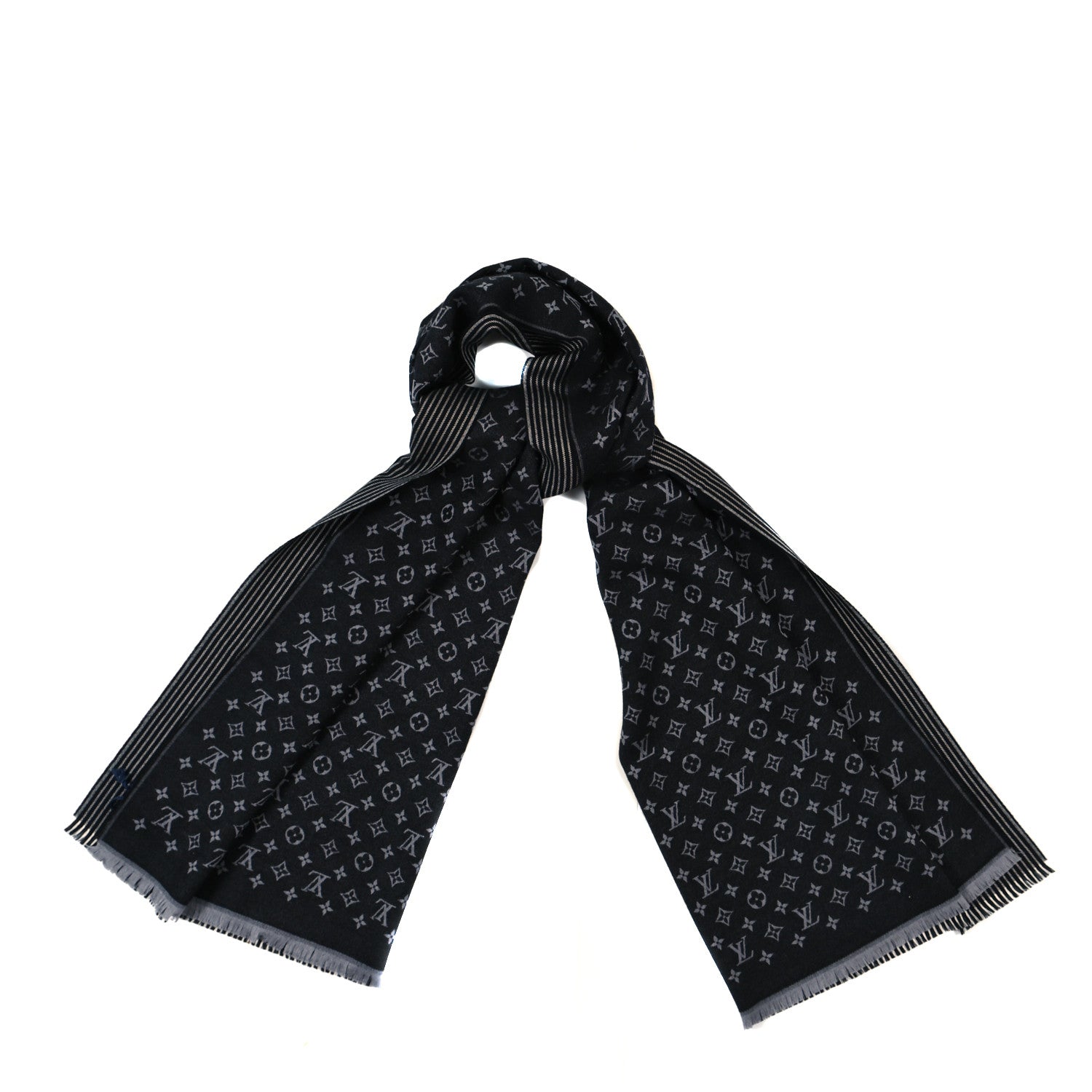 Louis Vuitton Wool Silk Monogram Lines Scarf Black Gris 1 of 4