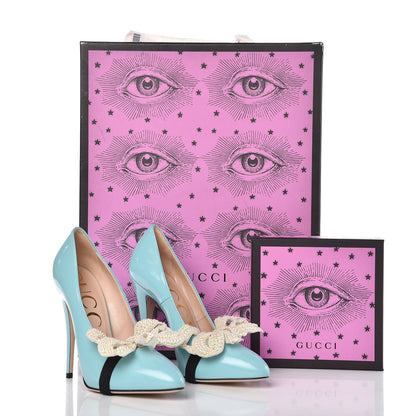 Gucci Polished Calfskin Removable Pearly Bow Elaisa Platform High Heel Pumps 38 New Aquamarine 11 of 11