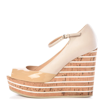 Gucci Patent Cork Eilin Striped Wedge Sandals 38.5 Nude 1 of 8