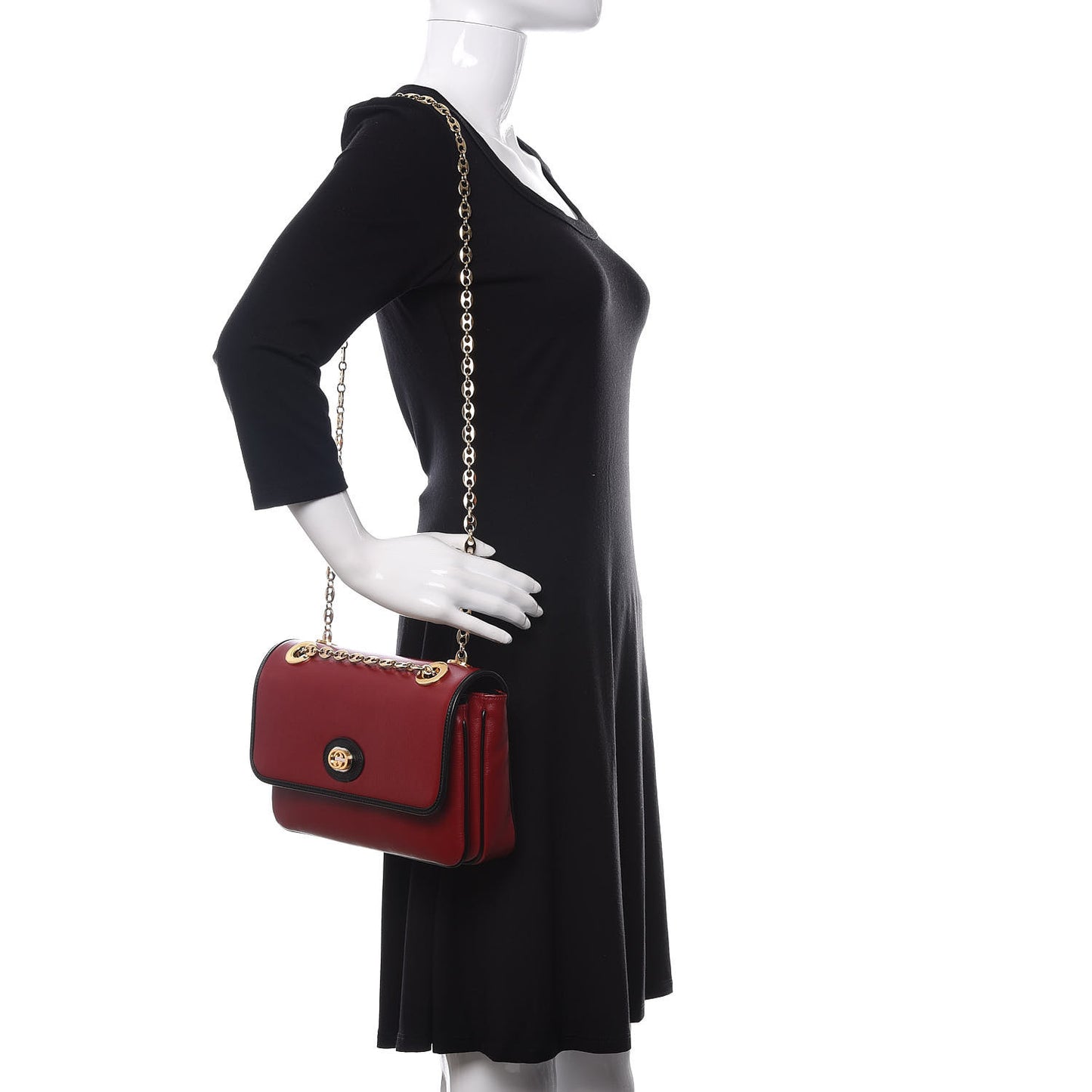 Azalea Calfskin Bi-Color Small Marina Chain Shoulder Bag New Cherry Red Black
