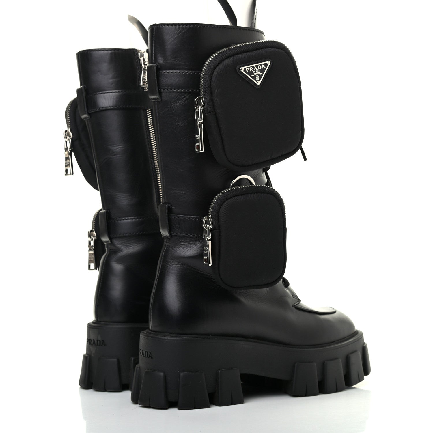 Prada Vitello Lux Nylon Metal Triangle Logo Monolith Pouch Pocket 55mm Tall Combat Boots 35 Black 4 of 8
