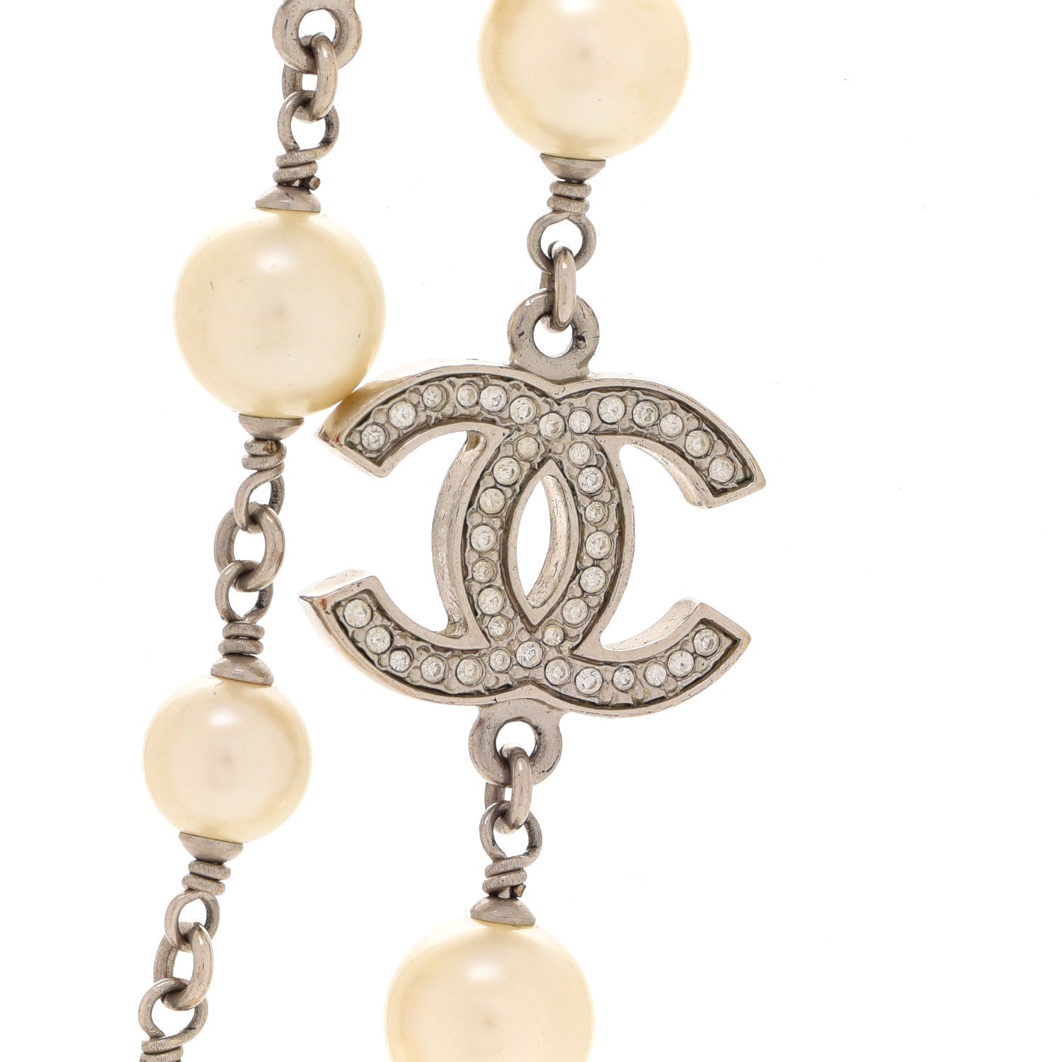Chanel Graduated Pearl Crystal CC Long Necklace Silver 4 of 5