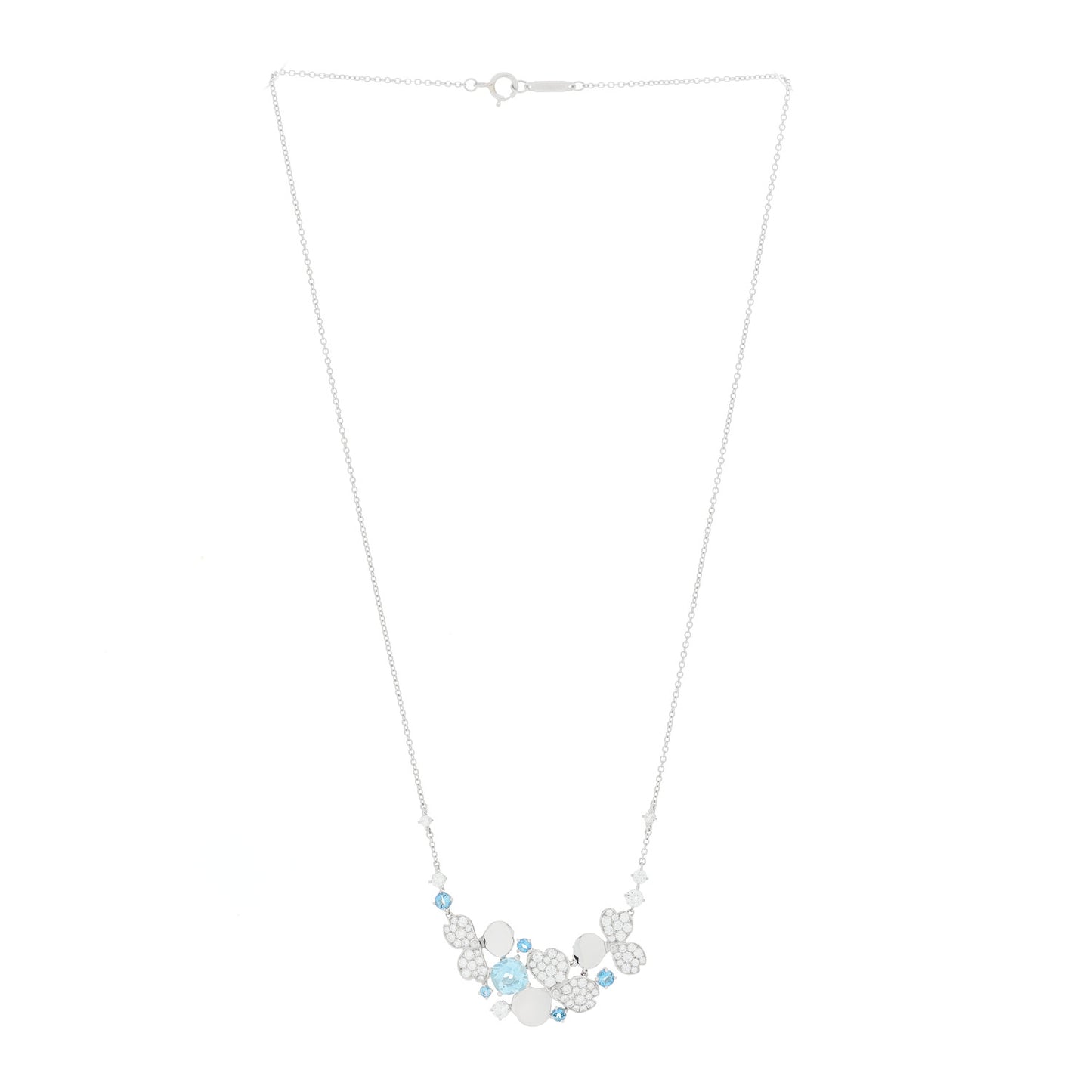 Platinum Diamond Aquamarine Paper Flowers Cluster Pendant Necklace