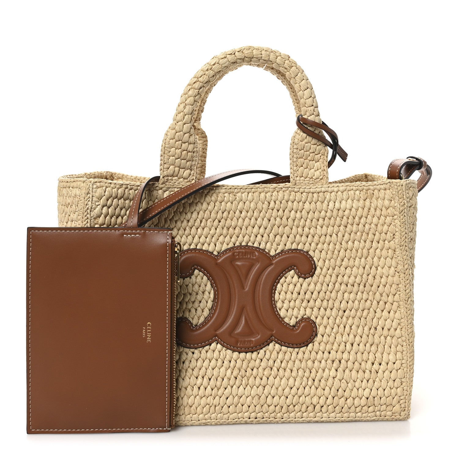 CELINE PARIS バッグ Celine Raffia Calfskin Triomphe Small Cabas Thais Tan 1763765