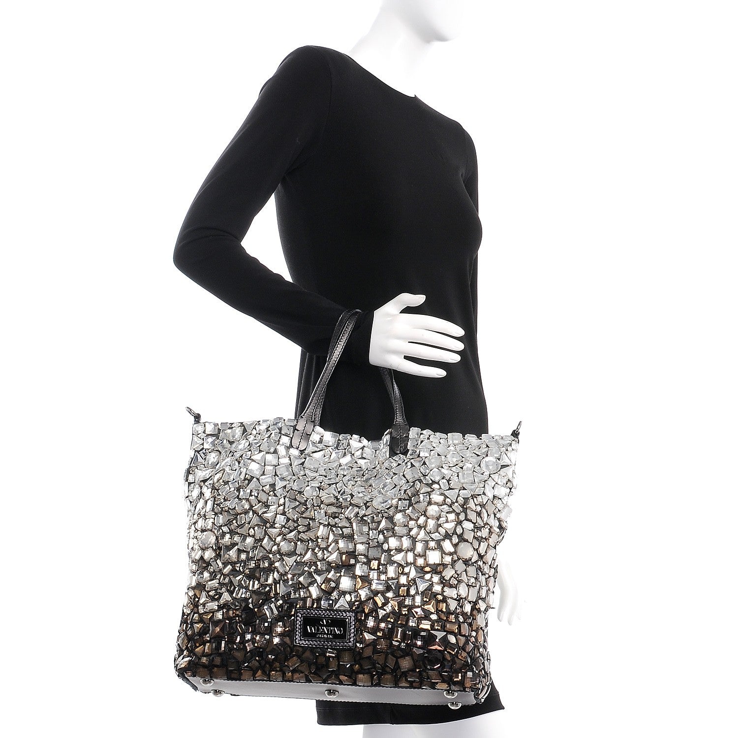 Valentino Garavani Vitello Crystal Ombre Tote Black 3 of 11